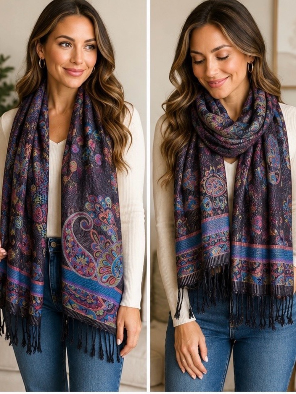 Boho Paisley Pashmina Style Scarf Wrap Shawl Fringe Purple Blue 28x72